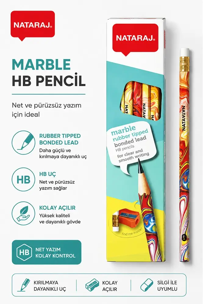 Kurşun Kalem HB 1 Düzine Kalemtraş Silgi Hediyeli Nataraj Kurşun Kalem Mermer Desen 1 Düzine