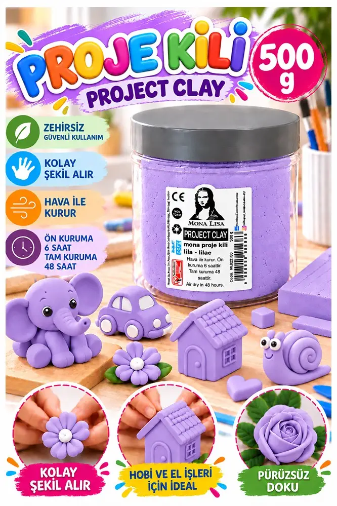Lila Proje Kili 500gr 1 Adet Monalisa Renkli Proje Hamuru Hobi Heykel Seramik Modelleme Hava İle Kuruyan