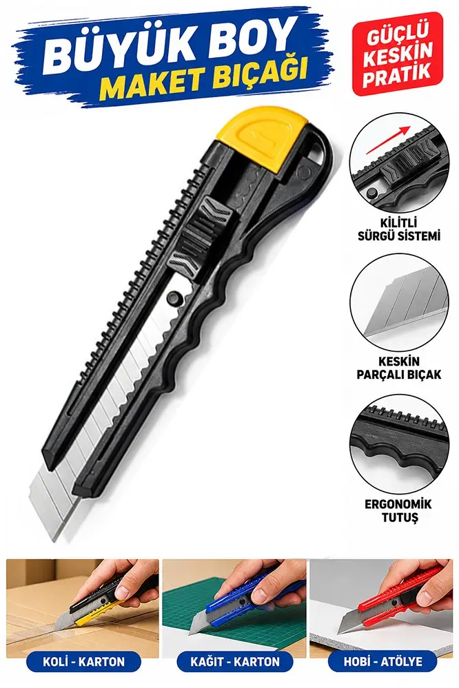 Maket Bıçağı Plastik Büyük Boy 1 Adet Ark577 Plastik Falçata Bıçağı Ekonomik 18mm Kilitli Sürgülü Ergonomik Saplı
