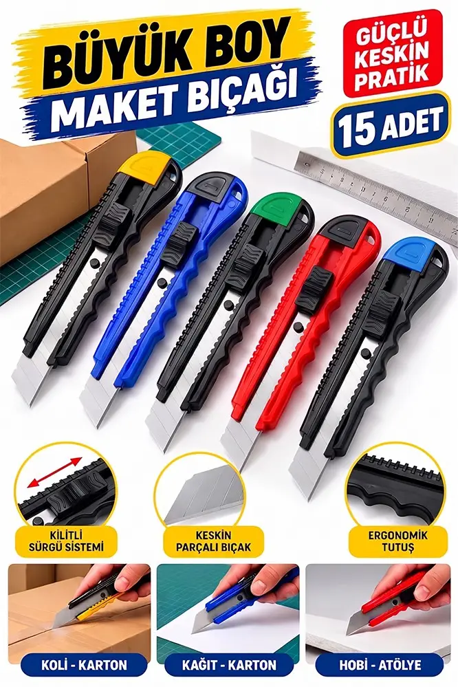 Maket Bıçağı Plastik Büyük Boy 15 Adet Ark577 Plastik Falçata Bıçağı Ekonomik 18mm Kilitli Sürgülü Ergonomik Saplı