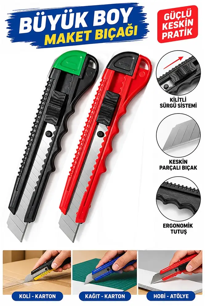 Maket Bıçağı Plastik Büyük Boy 2 Adet Ark577 Plastik Falçata Bıçağı Ekonomik 18mm Kilitli Sürgülü Ergonomik Saplı