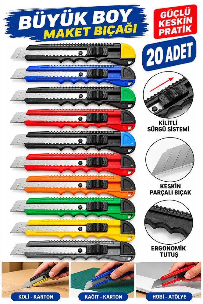 Maket Bıçağı Plastik Büyük Boy 20 Adet Ark577 Plastik Falçata Bıçağı Ekonomik 18mm Kilitli Sürgülü Ergonomik Saplı