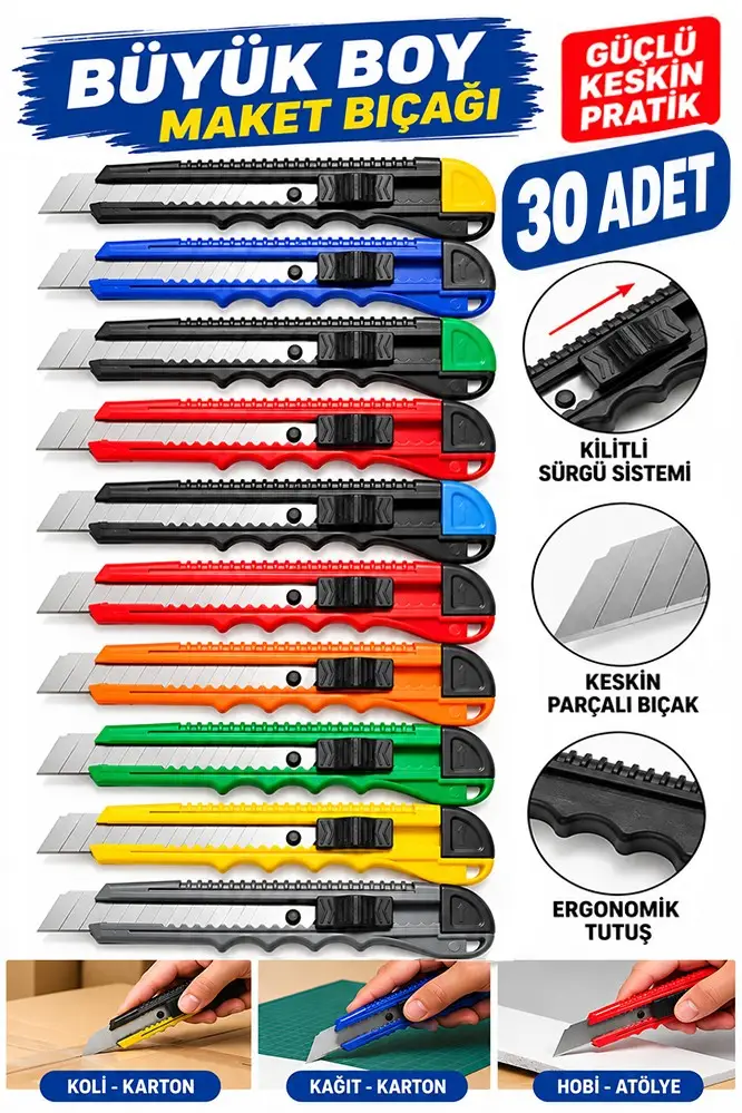 Maket Bıçağı Plastik Büyük Boy 30 Adet Ark577 Plastik Falçata Bıçağı Ekonomik 18mm Kilitli Sürgülü Ergonomik Saplı