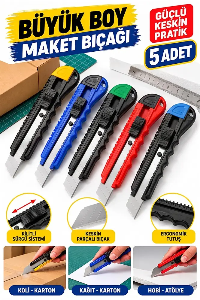 Maket Bıçağı Plastik Büyük Boy 5 Adet Ark577 Plastik Falçata Bıçağı Ekonomik 18mm Kilitli Sürgülü Ergonomik Saplı