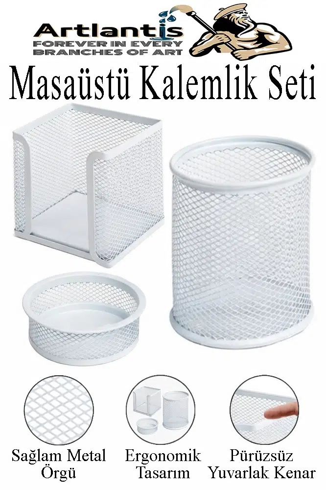 Masaüstü Fileli Kalemlik Seti 3 Parça 1 Paket 3 lü Masa Üstü Düzenleyici Kalemlik Küp Notluk Ataşlık - Beyaz