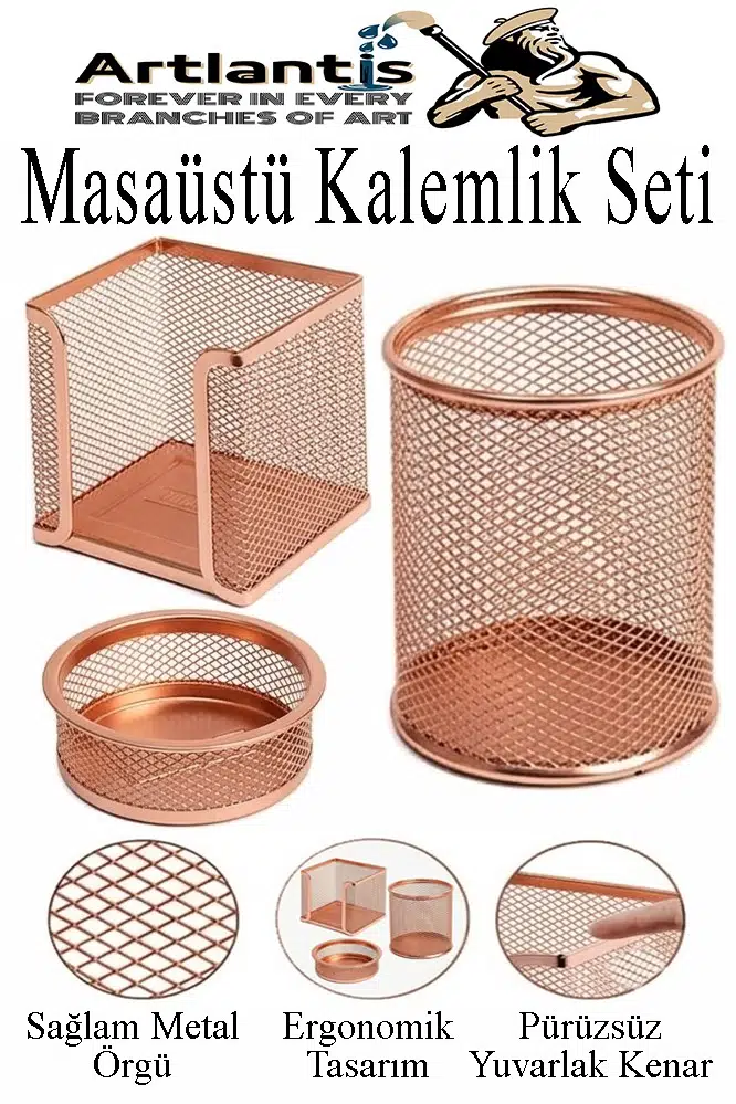 Masaüstü Fileli Kalemlik Seti 3 Parça 1 Paket 3 lü Masa Üstü Düzenleyici Kalemlik Küp Notluk Ataşlık - Bakır Yaldız