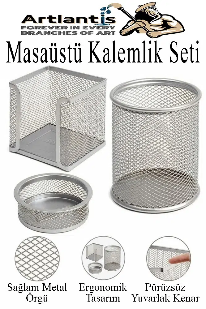 Masaüstü Fileli Kalemlik Seti 3 Parça 1 Paket 3 lü Masa Üstü Düzenleyici Kalemlik Küp Notluk Ataşlık - Gümüş Gri