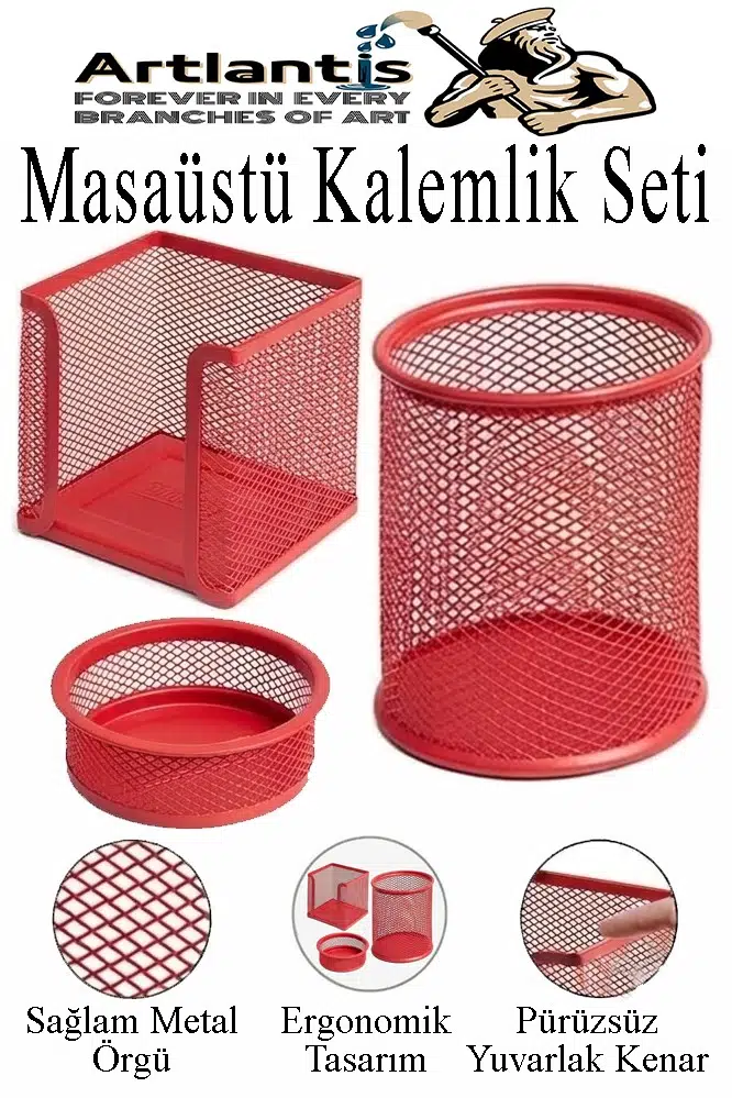 Masaüstü Fileli Kalemlik Seti 3 Parça 1 Paket 3 lü Masa Üstü Düzenleyici Kalemlik Küp Notluk Ataşlık - Kırmızı