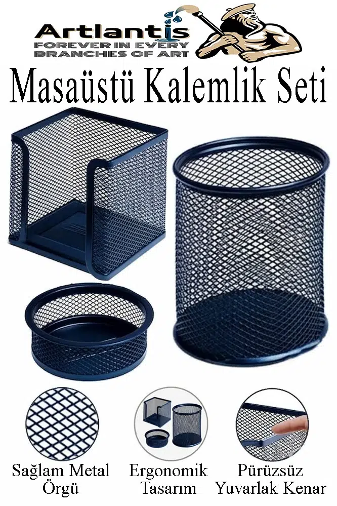 Masaüstü Fileli Kalemlik Seti 3 Parça 1 Paket 3 lü Masa Üstü Düzenleyici Kalemlik Küp Notluk Ataşlık - Lacivert