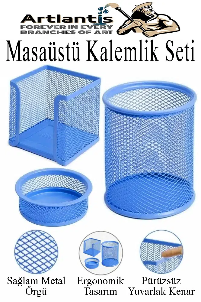 Masaüstü Fileli Kalemlik Seti 3 Parça 1 Paket 3 lü Masa Üstü Düzenleyici Kalemlik Küp Notluk Ataşlık - Mavi