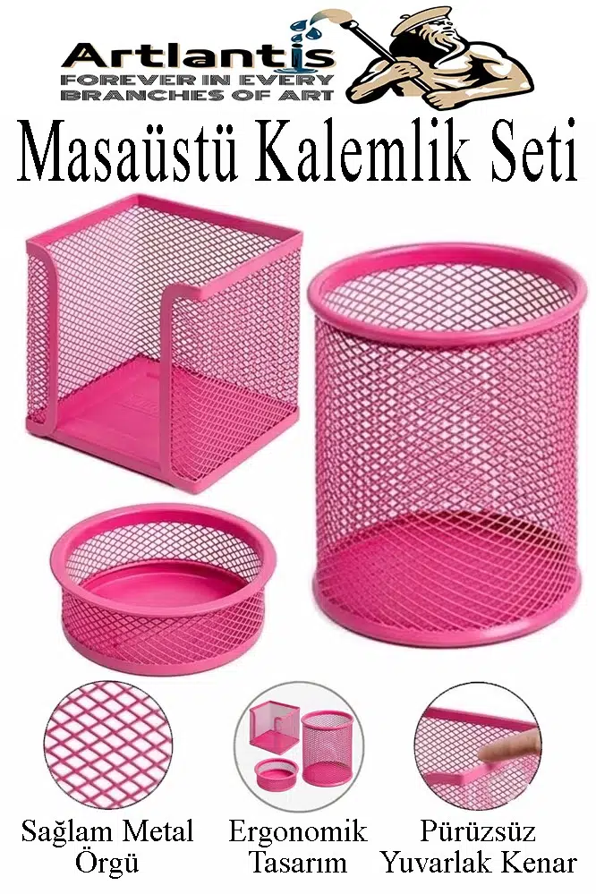 Masaüstü Fileli Kalemlik Seti 3 Parça 1 Paket 3 lü Masa Üstü Düzenleyici Kalemlik Küp Notluk Ataşlık - Pembe
