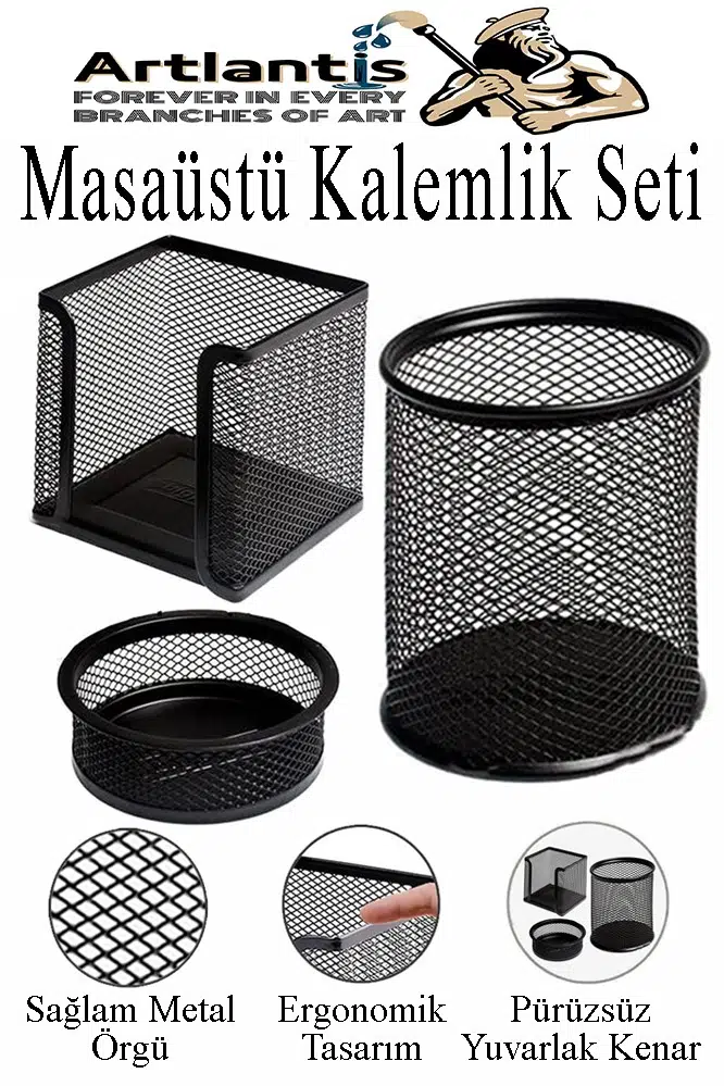 Masaüstü Fileli Kalemlik Seti 3 Parça 1 Paket 3 lü Masa Üstü Düzenleyici Kalemlik Küp Notluk Ataşlık - Siyah