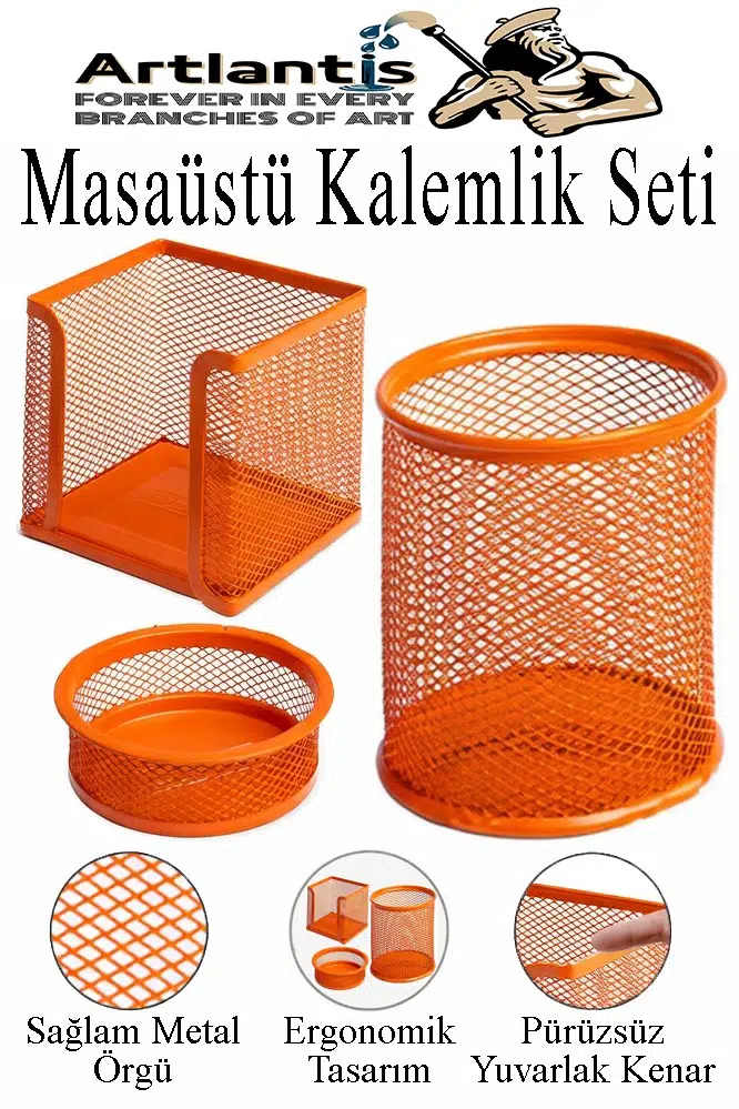 Masaüstü Fileli Kalemlik Seti 3 Parça 1 Paket 3 lü Masa Üstü Düzenleyici Kalemlik Küp Notluk Ataşlık - Turuncu
