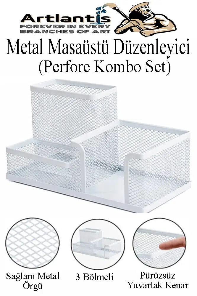 Masaüstü Metal Kalemlik Seti 3 lü Kombo 1 Paket Fileli Perfore Renkli Kalemlik Kağıtlık Küpnotluk Düzenleyici - Beyaz