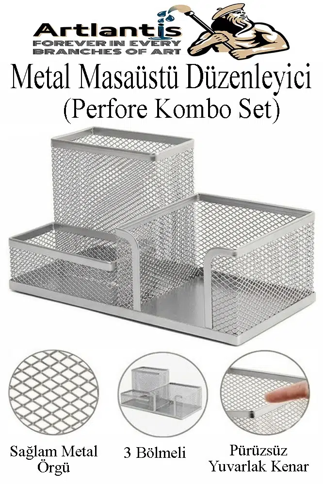 Masaüstü Metal Kalemlik Seti 3 lü Kombo 1 Paket Fileli Perfore Renkli Kalemlik Kağıtlık Küpnotluk Düzenleyici - Gümüş Gri