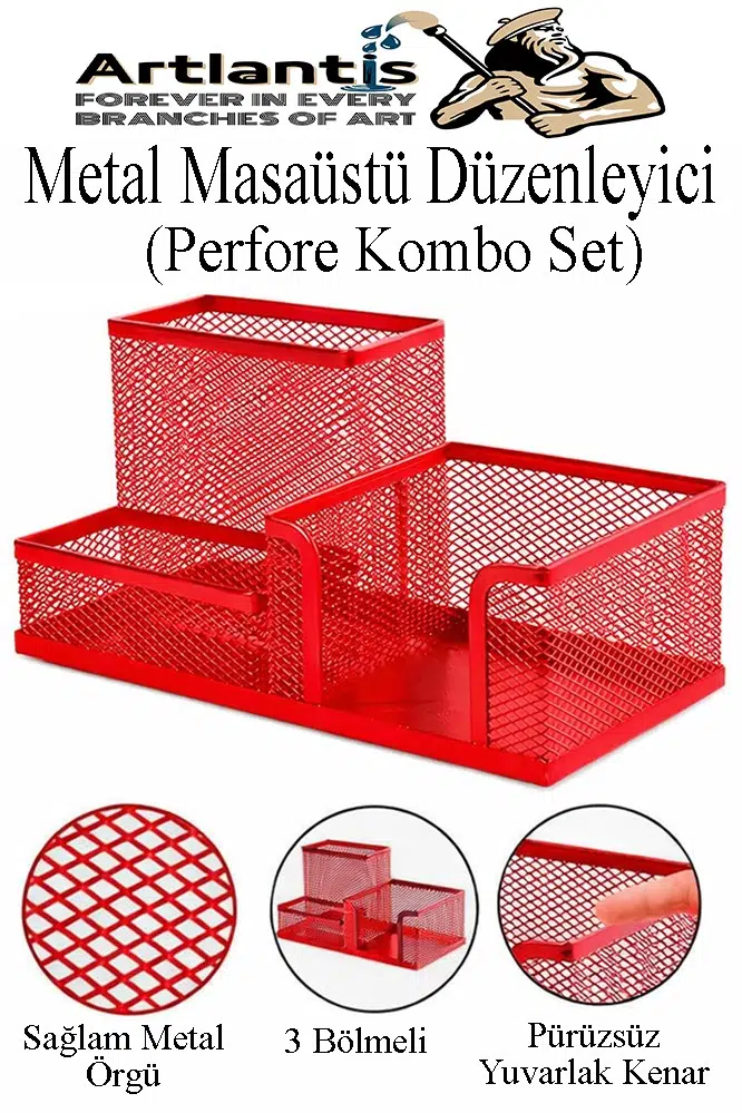 Masaüstü Metal Kalemlik Seti 3 lü Kombo 1 Paket Fileli Perfore Renkli Kalemlik Kağıtlık Küpnotluk Düzenleyici - Kırmızı