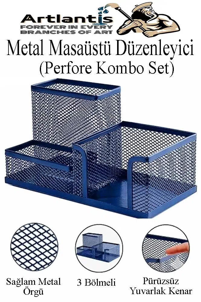 Masaüstü Metal Kalemlik Seti 3 lü Kombo 1 Paket Fileli Perfore Renkli Kalemlik Kağıtlık Küpnotluk Düzenleyici - Lacivert