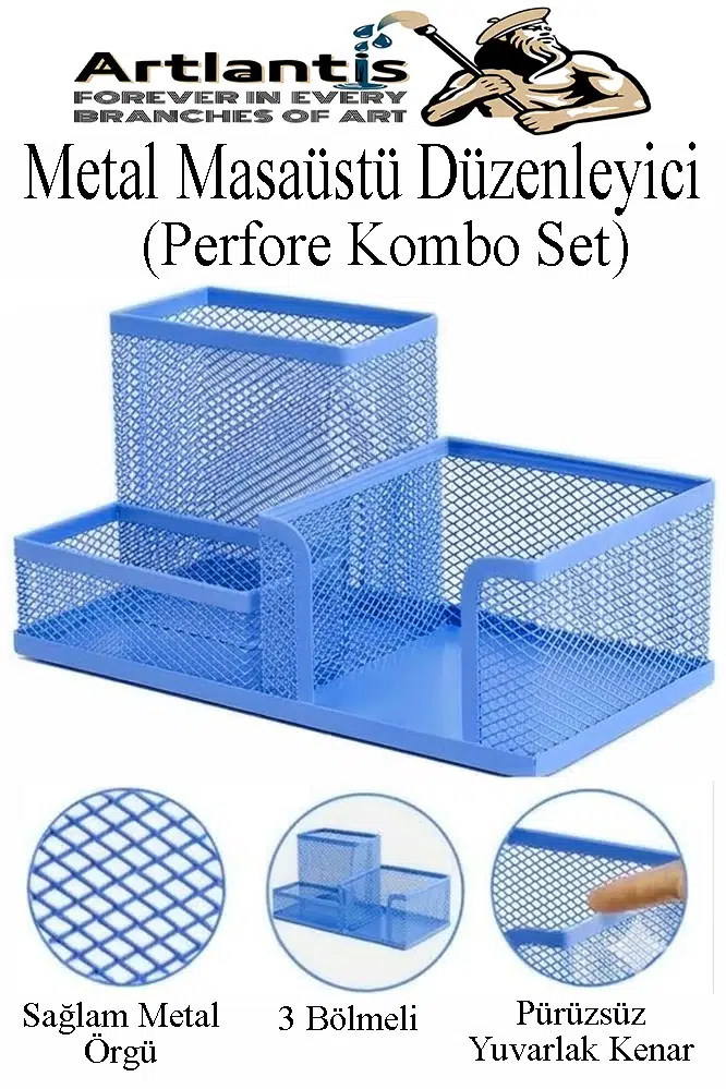Masaüstü Metal Kalemlik Seti 3 lü Kombo 1 Paket Fileli Perfore Renkli Kalemlik Kağıtlık Küpnotluk Düzenleyici - Mavi