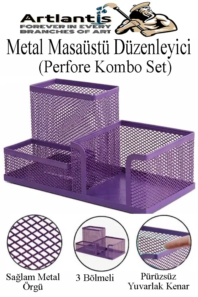 Masaüstü Metal Kalemlik Seti 3 lü Kombo 1 Paket Fileli Perfore Renkli Kalemlik Kağıtlık Küpnotluk Düzenleyici - Mor