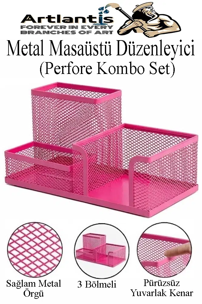 Masaüstü Metal Kalemlik Seti 3 lü Kombo 1 Paket Fileli Perfore Renkli Kalemlik Kağıtlık Küpnotluk Düzenleyici - Pembe