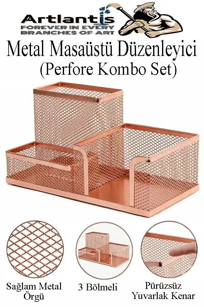 Masaüstü Metal Kalemlik Seti 3 lü Kombo 1 Paket Fileli Perfore Renkli Kalemlik Kağıtlık Küpnotluk Düzenleyici - Bakır Yaldız