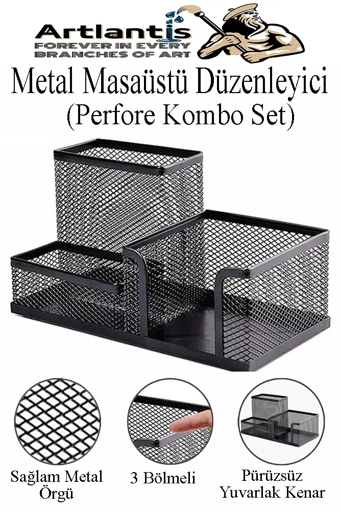 Masaüstü Metal Kalemlik Seti 3 lü Kombo 1 Paket Fileli Perfore Renkli Kalemlik Kağıtlık Küpnotluk Düzenleyici - Siyah