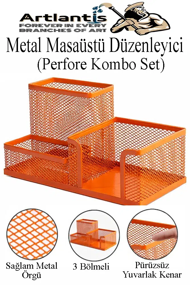 Masaüstü Metal Kalemlik Seti 3 lü Kombo 1 Paket Fileli Perfore Renkli Kalemlik Kağıtlık Küpnotluk Düzenleyici - Turuncu
