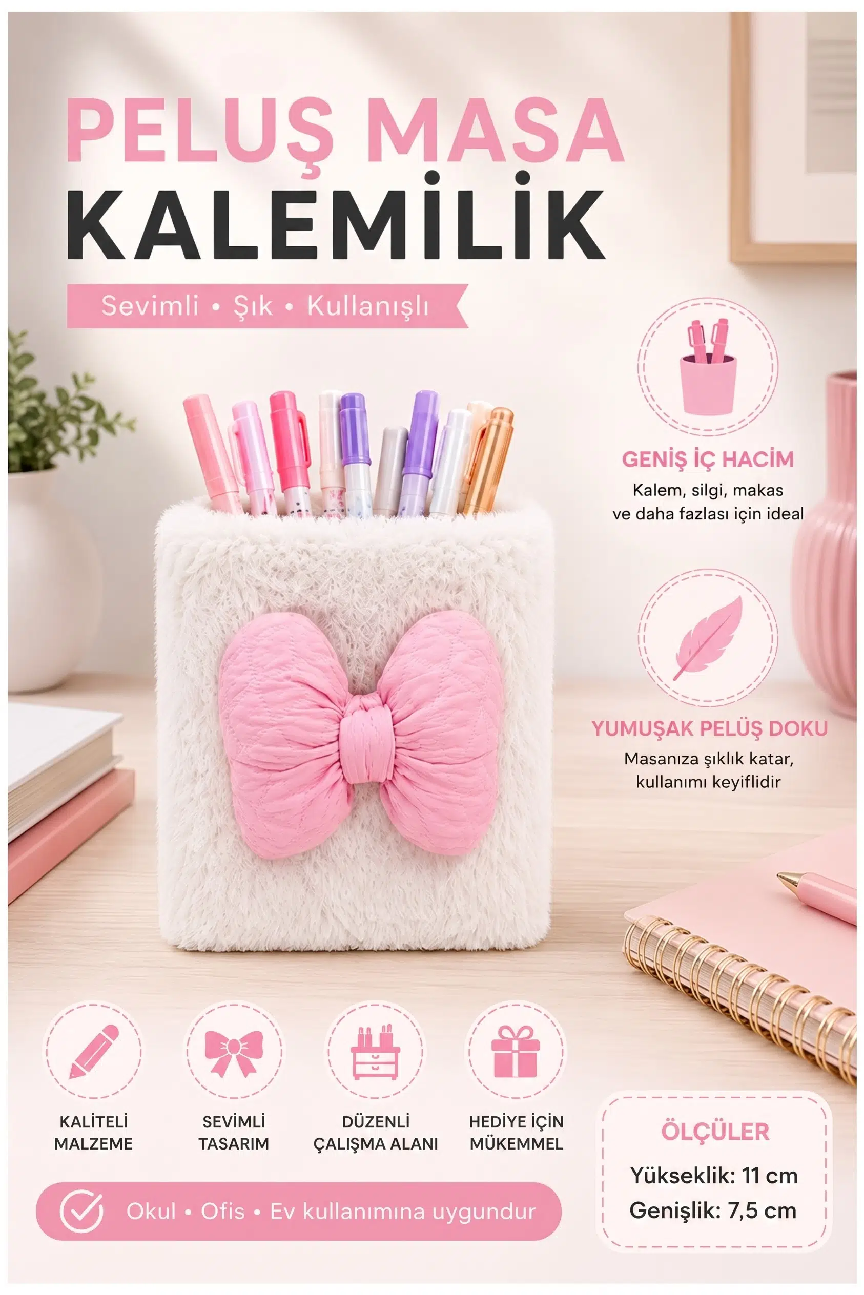 Masaüstü Peluş Kalemlik Organizer 1 Adet PP-283 Renkli Masa Üstü Kalemlik Düzenleyici Plastik Ofis Büro Ev Çalışma Masası - Açık Pembe