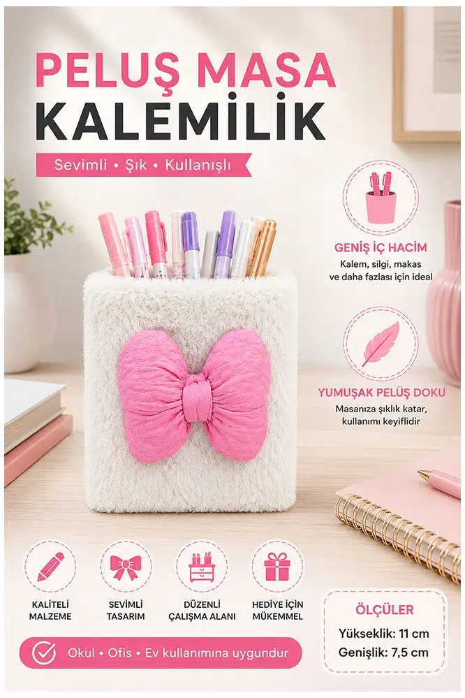 Masaüstü Peluş Kalemlik Organizer 1 Adet PP-283 Renkli Masa Üstü Kalemlik Düzenleyici Plastik Ofis Büro Ev Çalışma Masası - Pembe