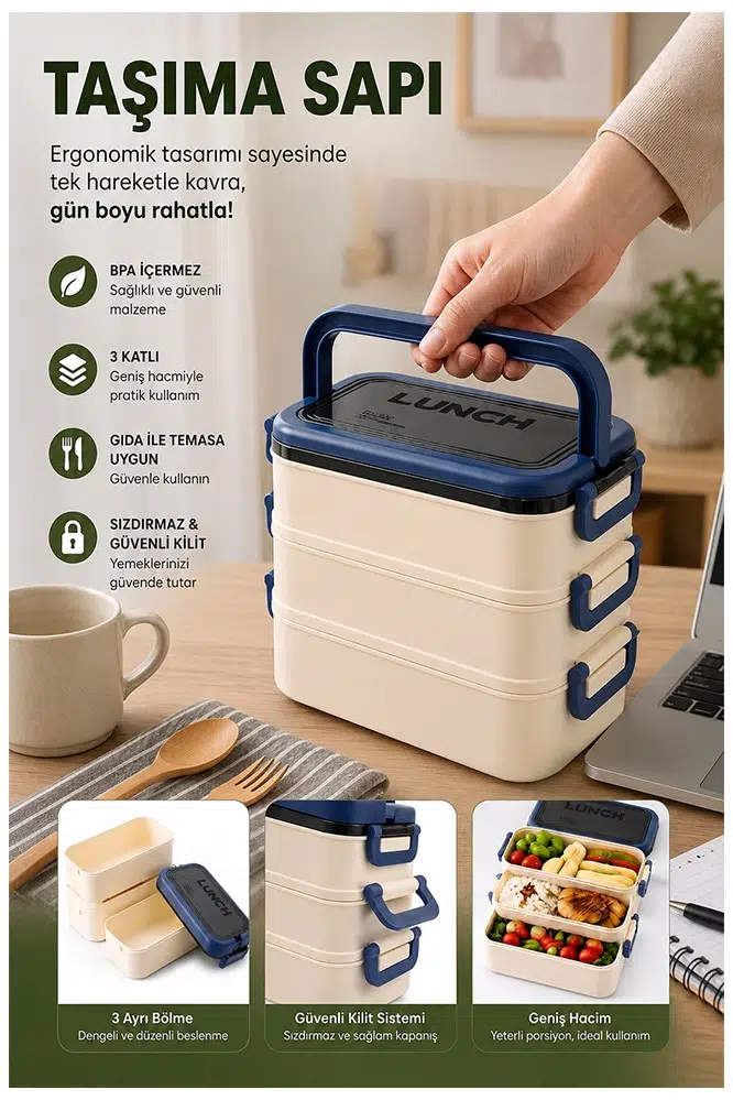 Mavi Beslenme Kutusu 3 Bölmeli 1 Adet 3 Bölmeli Beslenme Kabı Yemek Saklama Kabı Taşınabilir Lunch Box Okul