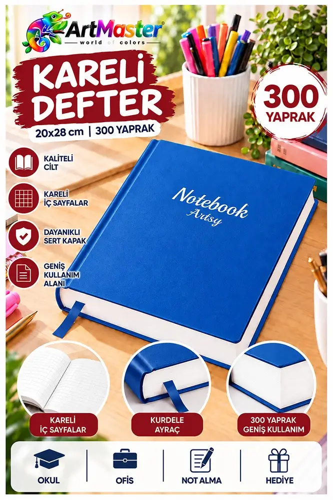 Mavi Ciltli Kareli Defter 300 Yaprak 20x28cm 1 Adet Çok Yapraklı Sert Kapaklı Not Hesap Defteri Okul Ofis Büro