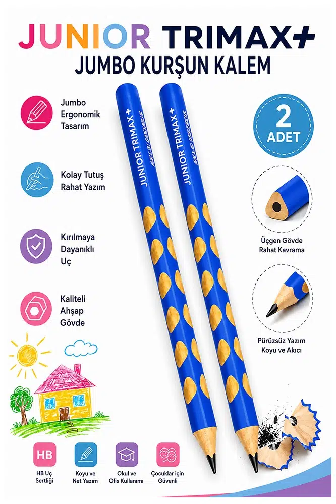 Mavi Jumbo Kurşun Kalem Oluklu 2 Adet Alpino Trimax Üçgen Oluklu Kalın Kalem Pastel Renkler Kolay Tutuş ve Kullanım