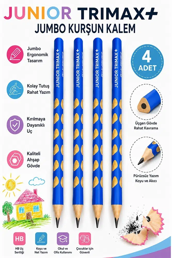 Mavi Jumbo Kurşun Kalem Oluklu 4 Adet Alpino Trimax Üçgen Oluklu Kalın Kalem Pastel Renkler Kolay Tutuş ve Kullanım