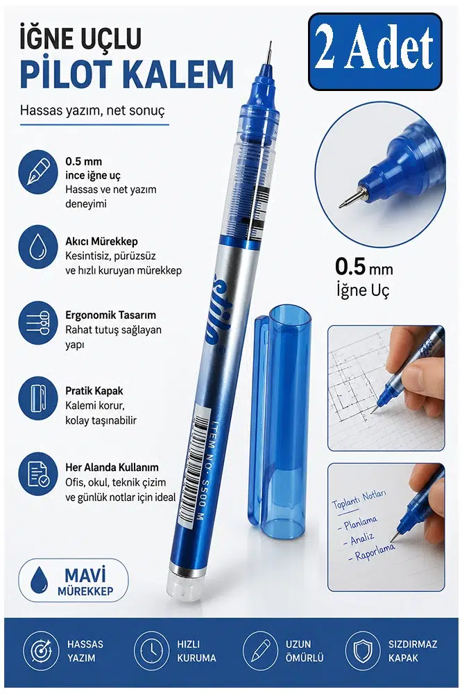Mavi Pilot Kalem İğne Uçlu 2 Adet Stilo Pilot Kalem 0.5mm İnce Uçlu Pilot Kalem Likit Mürekkepli Pilot Kalem