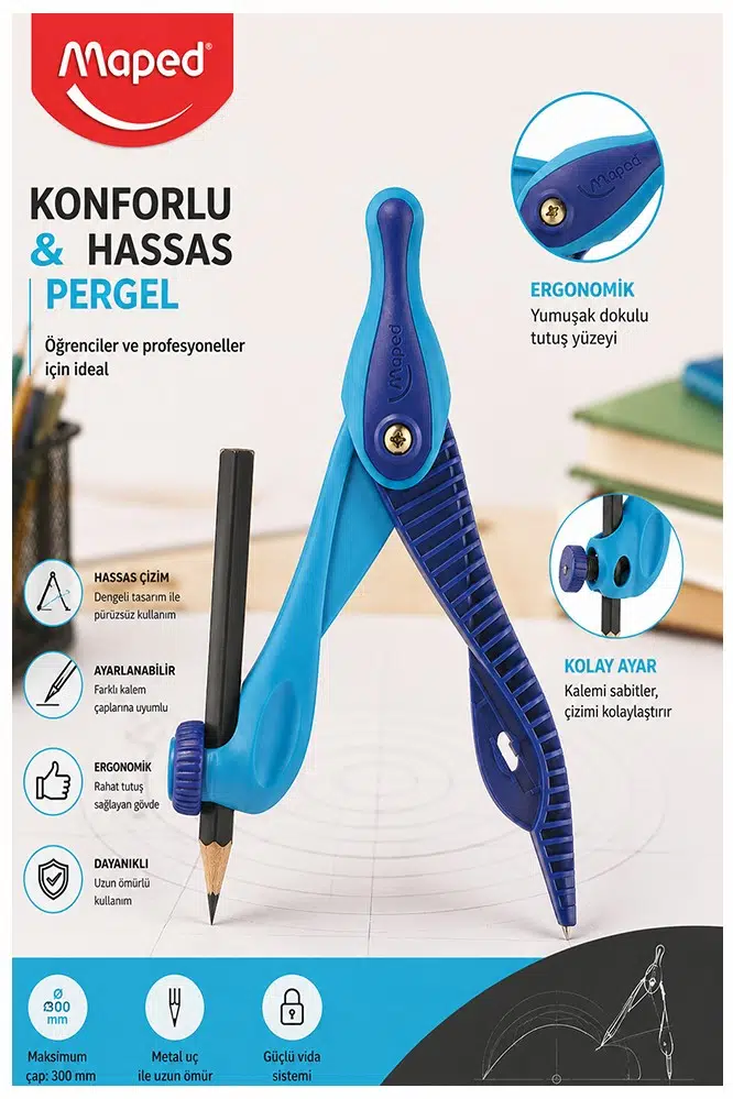 Mavi Plastik Pergel Kurşun Kalemli 1 Adet Maped Kidz 191611 Pergel Matematik Geometri Mimari Proje Teknik Çizim