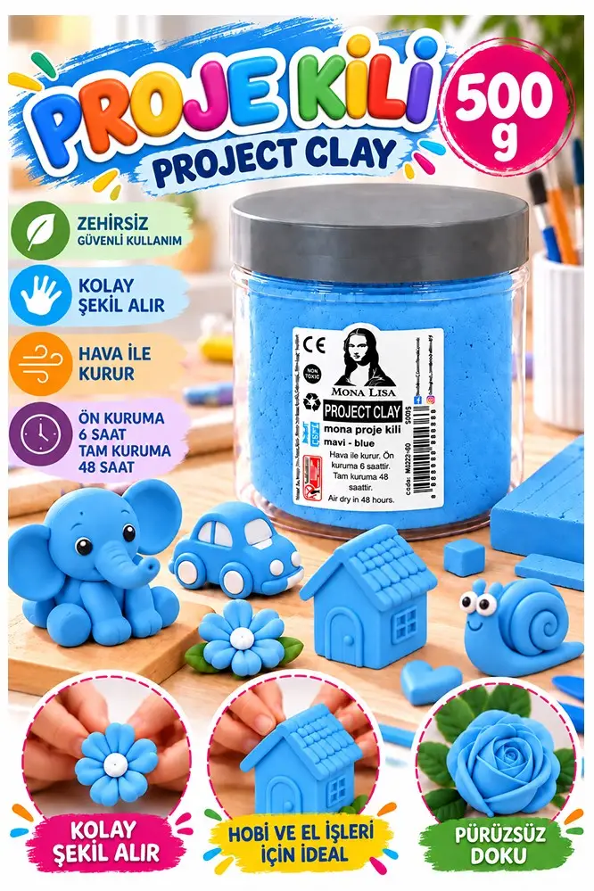 Mavi Proje Kili 500gr 1 Adet Monalisa Renkli Proje Hamuru Hobi Heykel Seramik Modelleme Hava İle Kuruyan