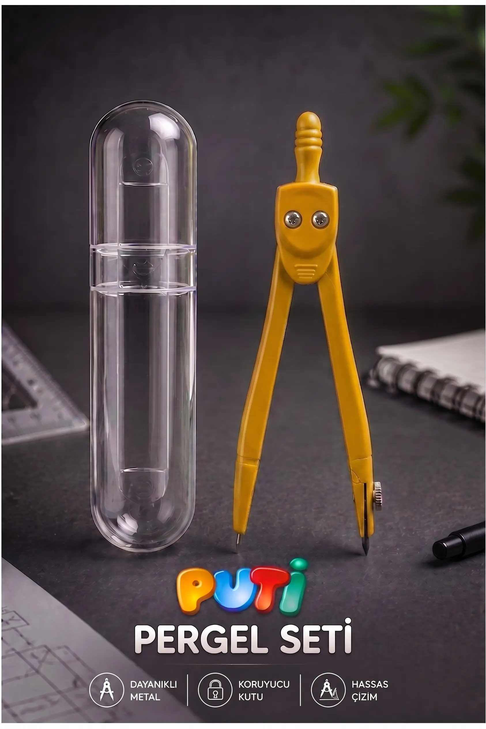 Metal Pergel 1 Adet Puti 1574 Koruma Kutulu Metal Pergel Grafit Uçlu Mekanik Pergel Matematik Teknik Mimari Çizim - Sarı