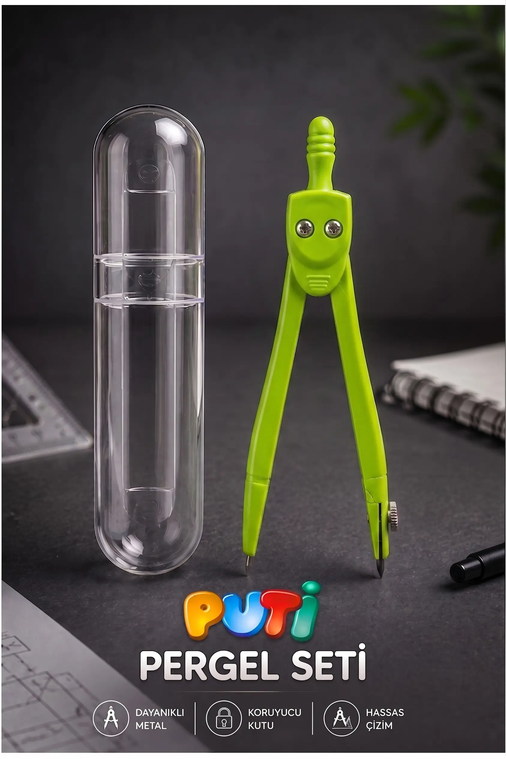 Metal Pergel 1 Adet Puti 1574 Koruma Kutulu Metal Pergel Grafit Uçlu Mekanik Pergel Matematik Teknik Mimari Çizim - Yeşil