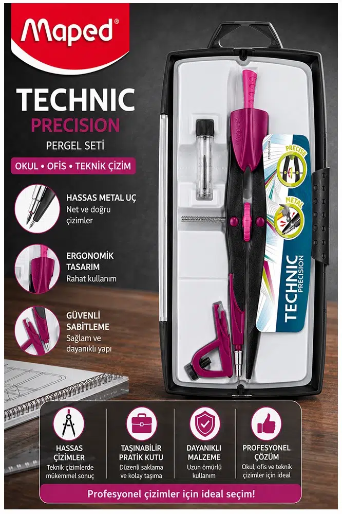Metal Hassas Pergel Seti 3 Parça 1 Adet Maped 291010 Technic Precision Profesyonel Pergel Proje Mimari Teknik Çizim Seti - Mor