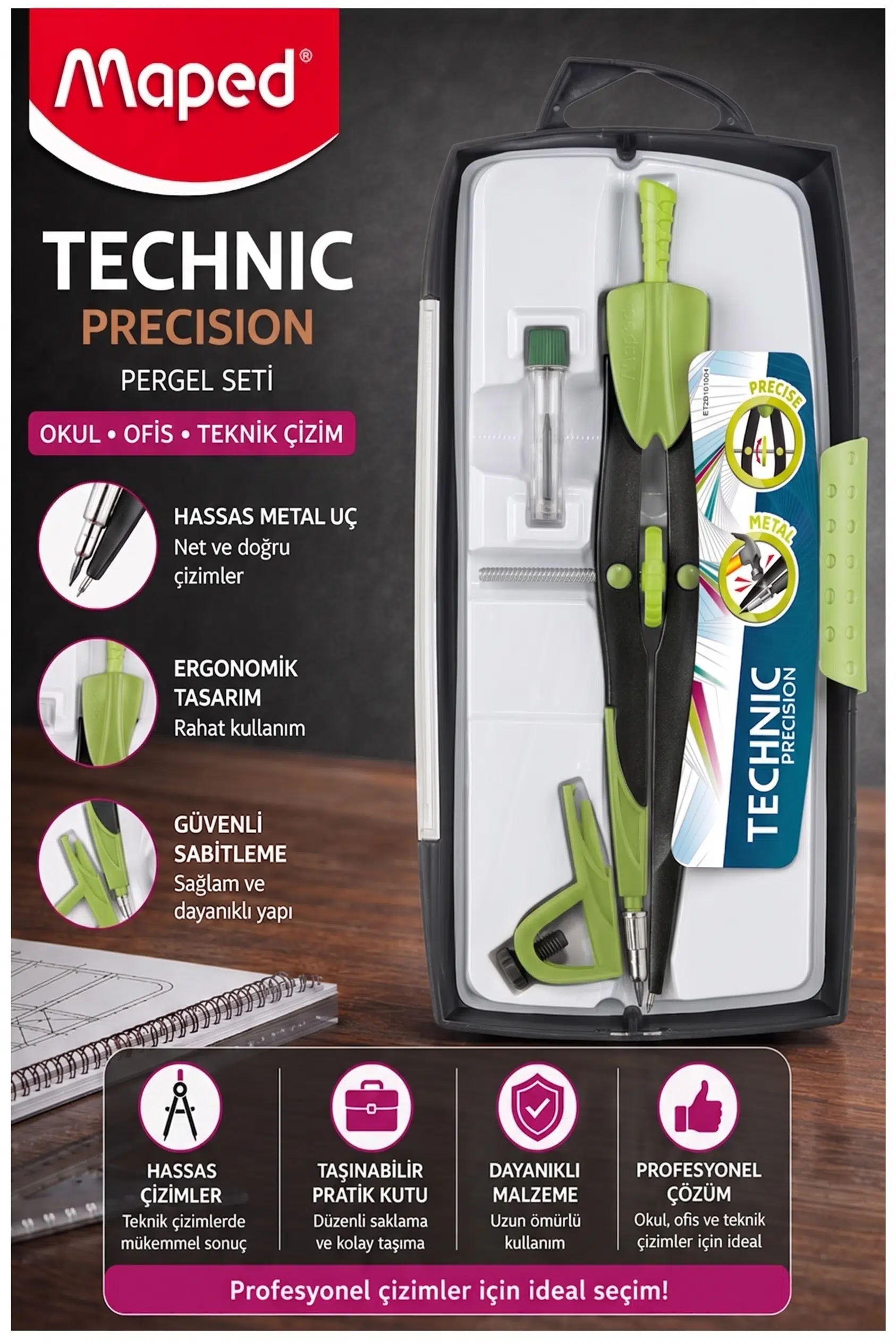 Metal Hassas Pergel Seti 3 Parça 1 Adet Maped 291010 Technic Precision Profesyonel Pergel Proje Mimari Teknik Çizim Seti - Yeşil