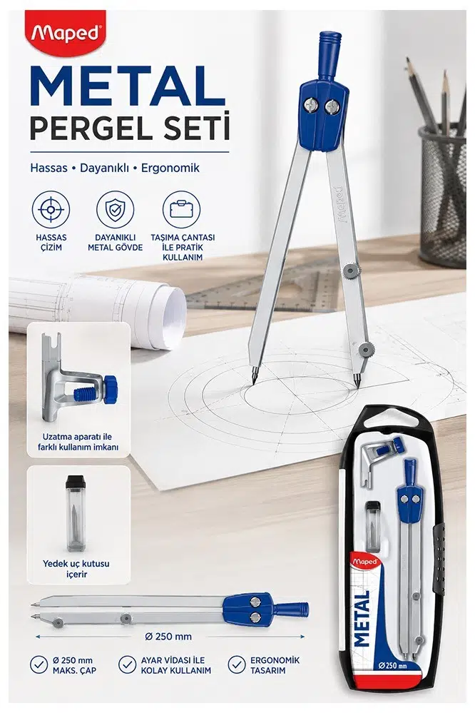 Metal Pergel Seti 3 Parça 1 Maped 197512 250mm Metal Pergel Çizim Proje Matematik Geometri Mimar Mühendis