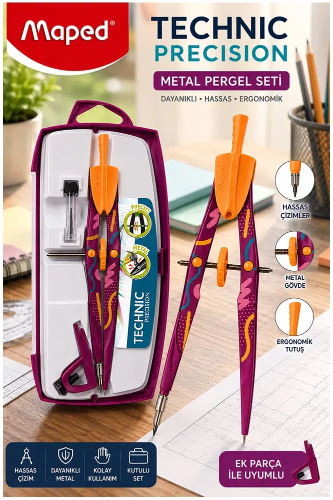 Mor Metal Pergel Seti 3 Parça 1 Adet Maped Technic 291013 Precision Profesyonel Pergel Çizim Matematik Geometri Mimari