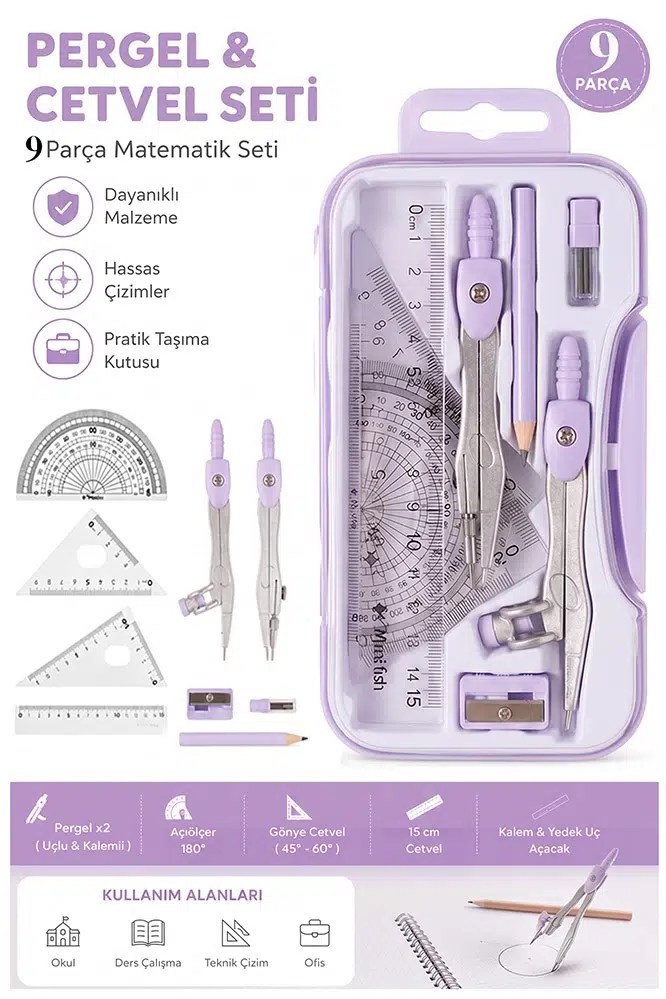 Metal Pergel Seti 9 Parça 1 Paket 9121 Profesyonel Pergel Çizim Proje Matematik Mimar Mühendis Çizim Seti Cetvel Gönye