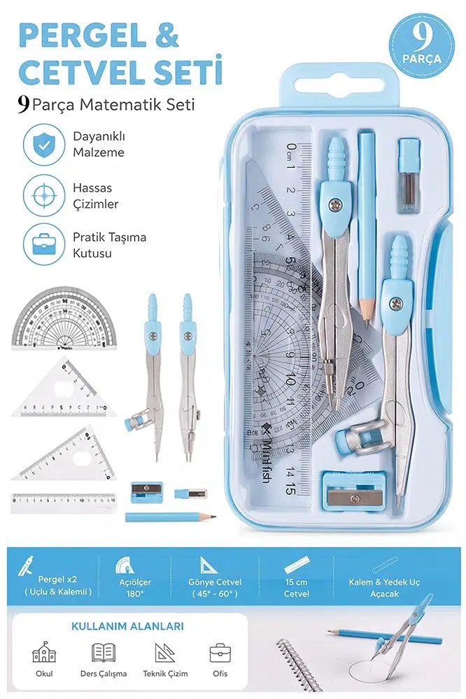 Metal Pergel Seti 9 Parça 1 Paket 9121 Profesyonel Pergel Çizim Proje Matematik Mimar Mühendis Çizim Seti Cetvel Gönye - Mavi