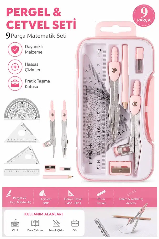 Metal Pergel Seti 9 Parça 1 Paket 9121 Profesyonel Pergel Çizim Proje Matematik Mimar Mühendis Çizim Seti Cetvel Gönye - Pembe