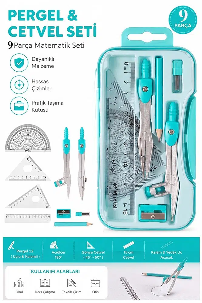 Metal Pergel Seti 9 Parça 1 Paket 9121 Profesyonel Pergel Çizim Proje Matematik Mimar Mühendis Çizim Seti Cetvel Gönye - Yeşil