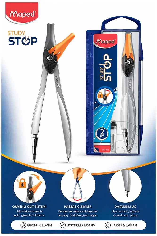 Metal Pergel Stop Uçlu 1 Adet Maped Study Stop 195110 Pergel Çizim Matematik Geometri Mimari Proje - Turuncu