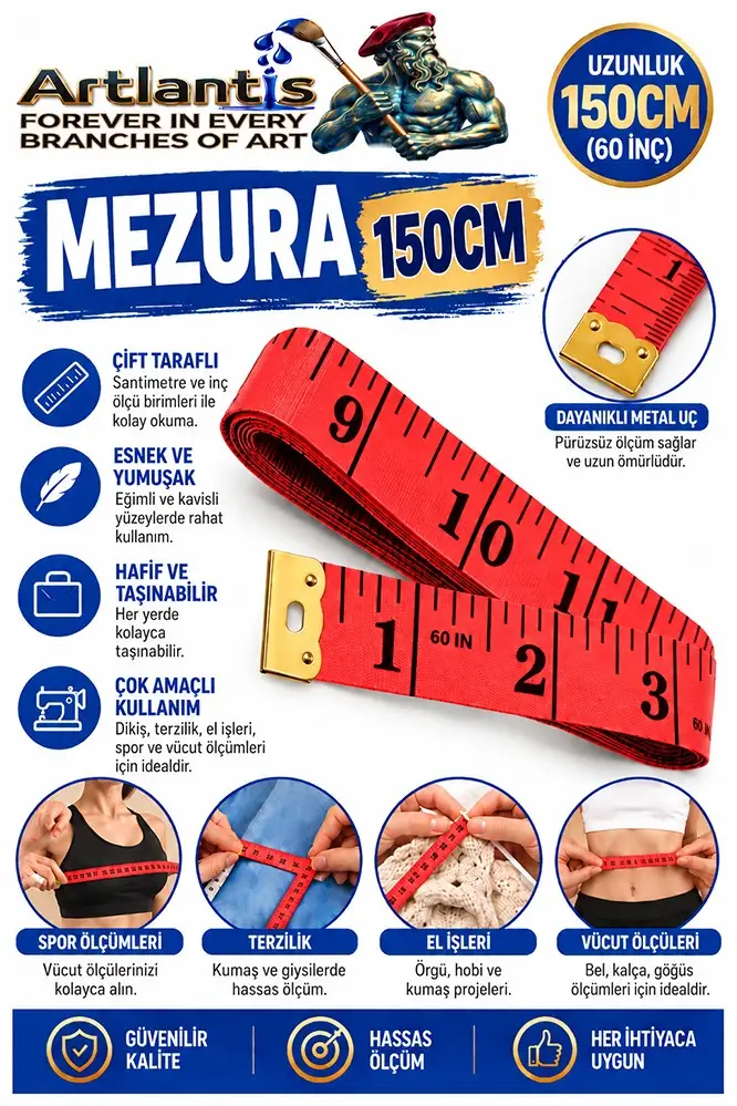 Mezura 150 cm 1 Adet Renkli Meziro Terzi Baş Vüvut Ölçüm Metresi Beden Ölçmek Mezro Çift Yönlü - Kırmızı