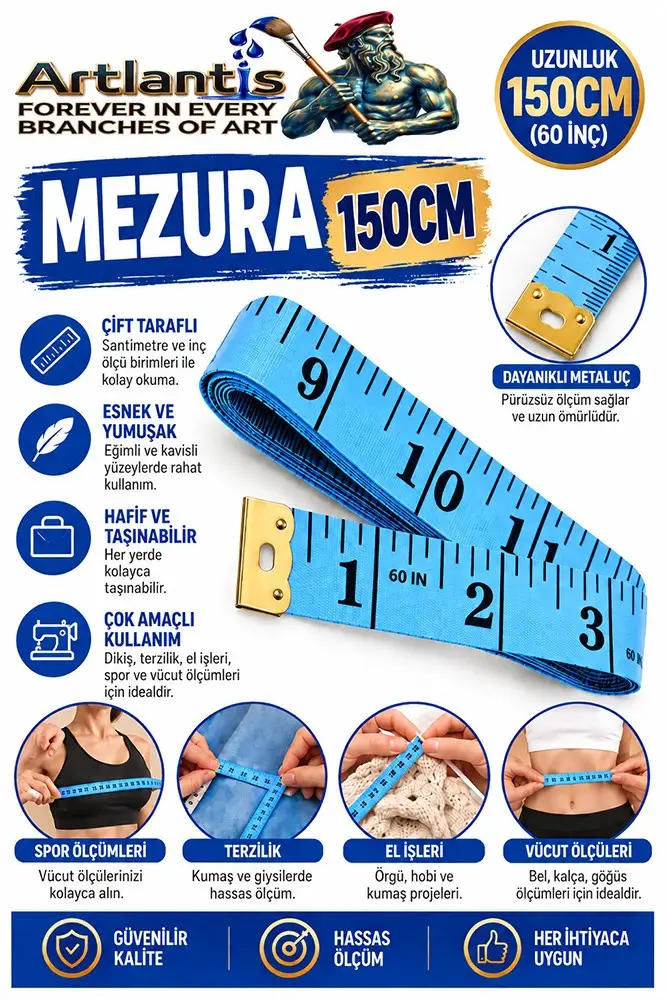 Mezura 150 cm 1 Adet Renkli Meziro Terzi Baş Vüvut Ölçüm Metresi Beden Ölçmek Mezro Çift Yönlü - Mavi