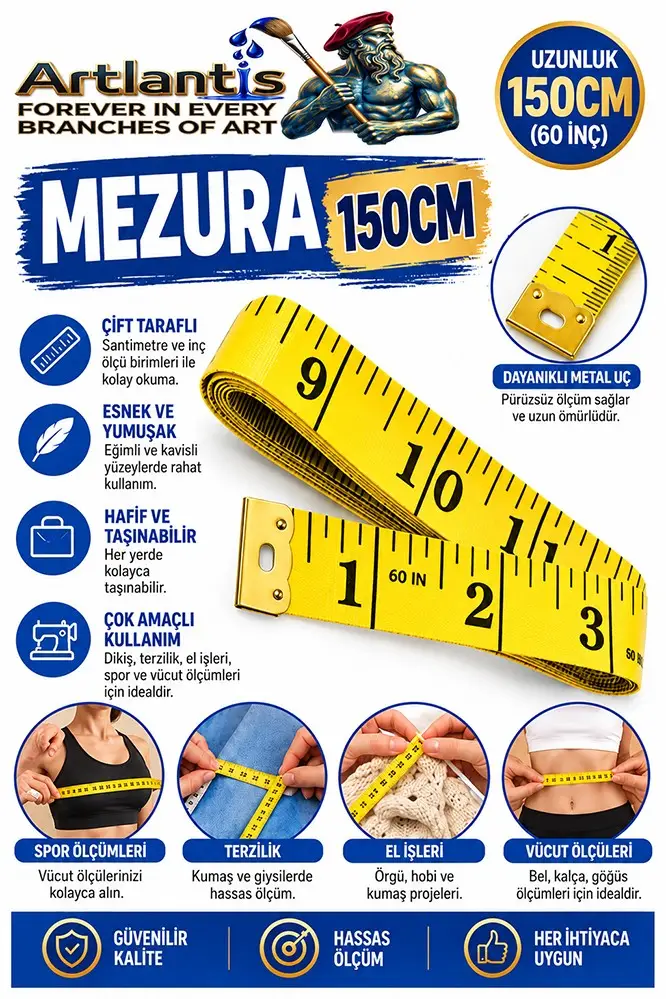 Mezura 150 cm 1 Adet Renkli Meziro Terzi Baş Vüvut Ölçüm Metresi Beden Ölçmek Mezro Çift Yönlü - Sarı